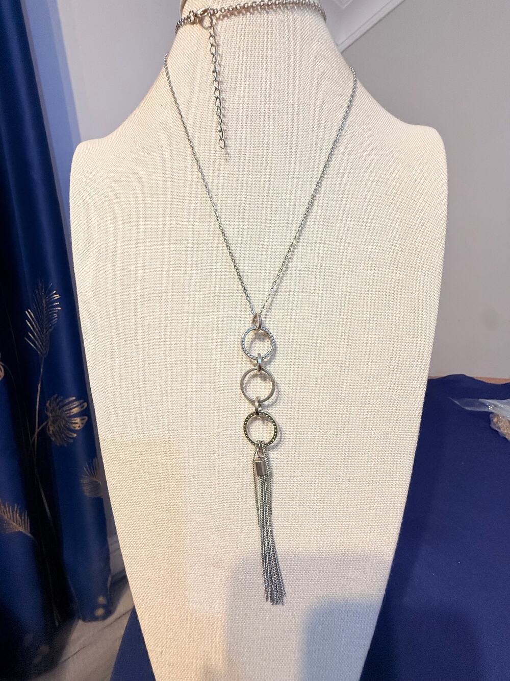 Vintage 32” Silver Tone Circle Tassel Necklace